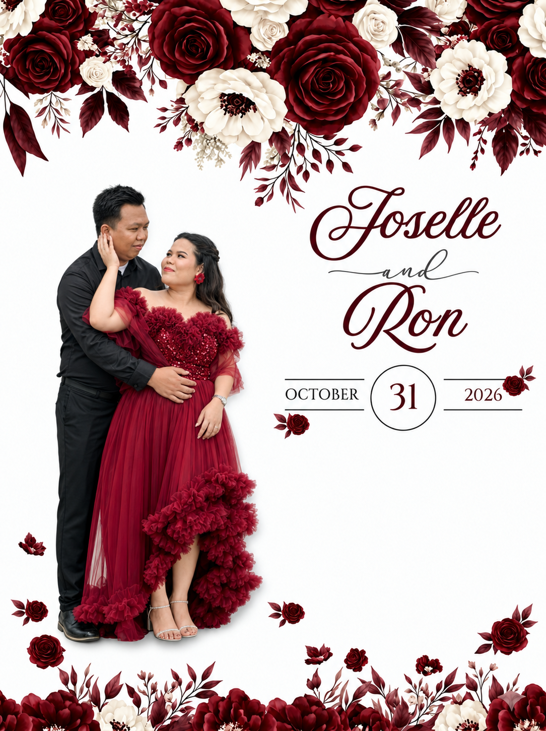 Joselle and Ron's wedding portrait with burgundy and ivory flowers, dated October 31, 2026.
