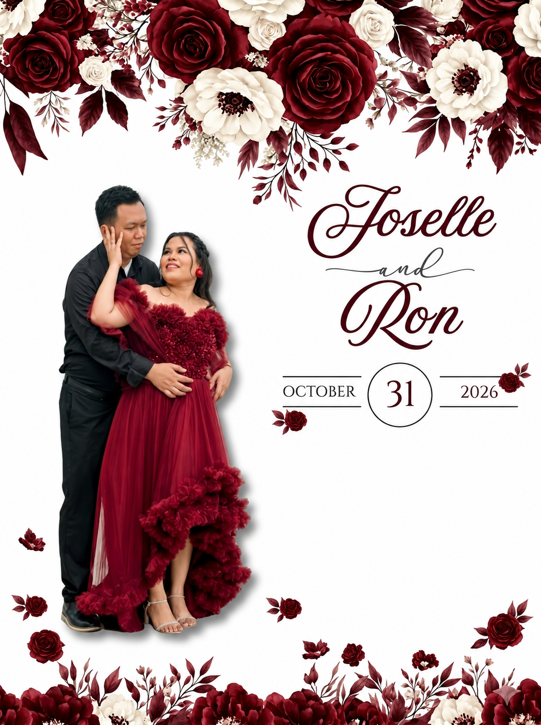 Joselle and Ron's wedding portrait with burgundy and ivory flowers, dated October 31, 2026.